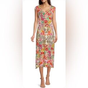 Johnny Was Wild Garden High Slit Leopard Floral Midi Dress. Size L